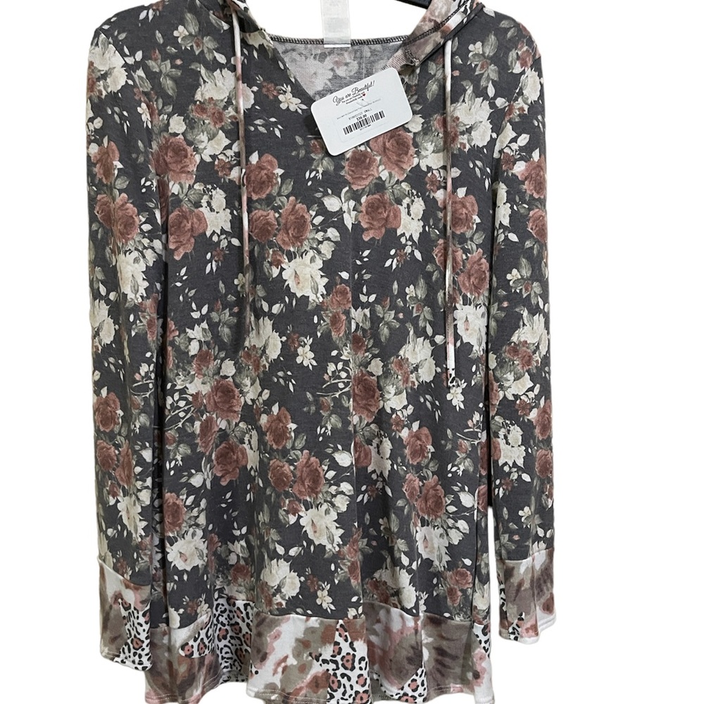 Ladies Charcoal Gray Floral Hooded Top Size Small